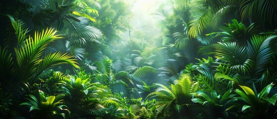Background Tropical. Within the lush canopy, the rainforest's dense and diverse plant life sustains...