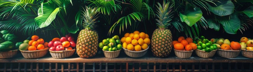 A vibrant display of assorted tropical fruits on a rustic wooden table, set against a backdrop of lush greenery.