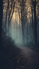 Obraz premium A foggy forest path with tall, leafless trees and a mysterious atmosphere. The path is dimly lit with a soft, eerie glow in the background.