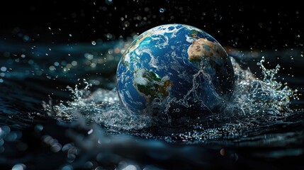 Concept of the Earth planet underwater with a splash on a black background,