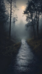 Obraz premium A misty forest path illuminated by the moonlight, surrounded by tall trees and dense fog, creating a mysterious and eerie atmosphere.