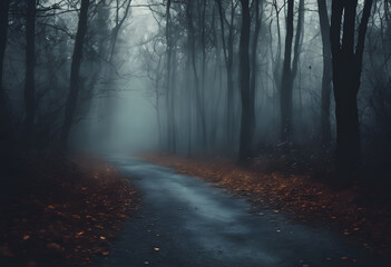 Fototapeta premium A foggy forest path with bare trees and fallen leaves on the ground. The atmosphere is eerie and mysterious.