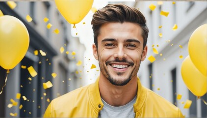 handsome guy with yellow balloons and confetti happy smiling plain bright background - Powered by Adobe