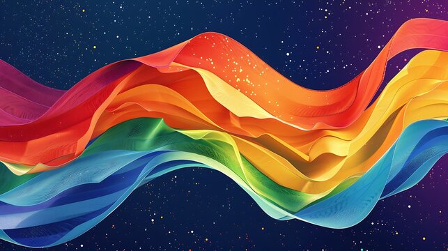 A powerful depiction of the pride flag waving in the wind, its rainbow colors symbolizing the strength and diversity of the LGBTQ community. Graphics amplify the message of unity.