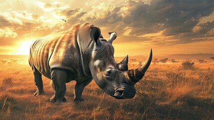 Fototapeta premium A majestic rhinoceros stands in a grassy savanna, bathed in the golden glow of a dramatic sunset, with a dusty background enhancing the serene wilderness.
