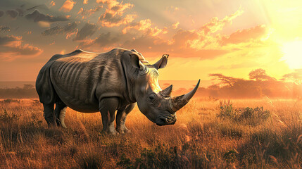 A rhinoceros stands in a grassy savanna, bathed in the dramatic golden light of a dusty sunset,...