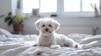 A small white dog bored on top of the bed.