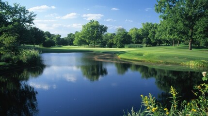 Golf course with gorgeous green and pond.