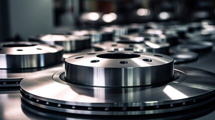 A photo of a row of polished car brake discs.