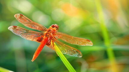gracious red dragonfly on a blade of grass, wings wide open, macro photo. elegant and fragile insect from the odonata family near a pond in the jungle