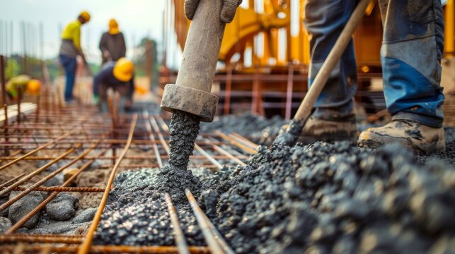 A team of workers is pouring concrete into the foundation of the barrier ensuring stability and strength.