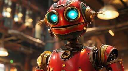 Fototapeta premium A steampunk robot with a red and gold body and blue eyes is standing in a dark room. The robot is looking at the camera with a curious expression.
