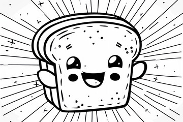 cute happy bread with chibi style vector illustration in black and white