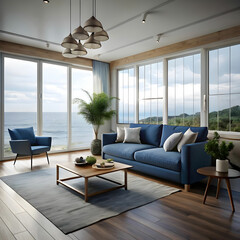 Fototapeta premium cozy living room with a blue sofa a coffee table