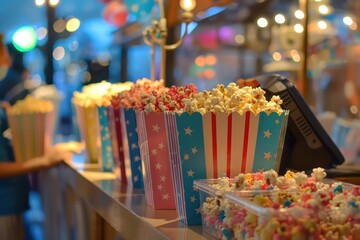 colorful row of popcorn bags in red with white stripes or blue with yellow stars in a blurred background