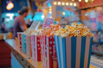 colorful row of popcorn bags in red with white stripes or blue with yellow stars in a blurred background