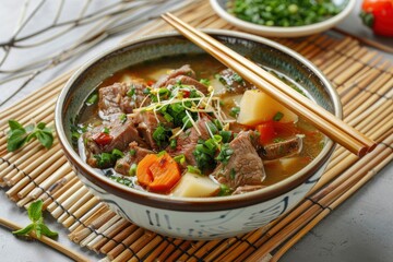 Double-boiled Spare Rib Soup with Chinese Yam and Snow Pear with chopsticks served in a dish isolated on mat side view on grey background - generative ai