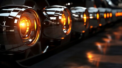 A photo of a row of polished car headlights.