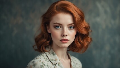 pretty young redhead woman model retro fashion portrait posing in studio background