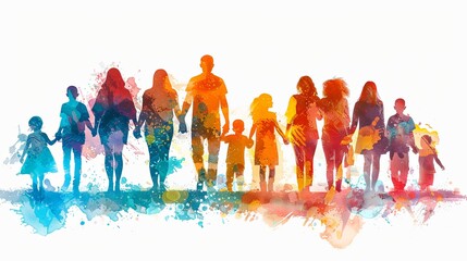 A group of diverse people holding hands in a watercolor painting style.