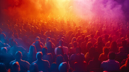 Obraz premium Crowd of people dancing at a rave party with colorful laser lights.