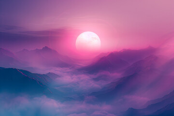 The image is a beautiful landscape of a mountain range at sunset. The sky is a gradient of purple and pink, and the sun is a bright yellow orb. The mountains are covered in snow.