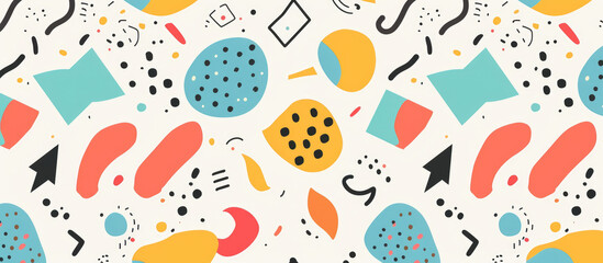 Seamless pattern with colorful hand drawn shapes and doodles, flat vector illustration in the style of playful cartoon illustrations