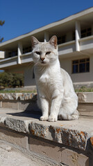 Obraz premium White cat sitting on stone steps with a modern building background under a clear blue sky