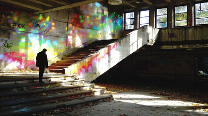 Person in silhouette on stairs of abandoned building with colorful graffiti and light