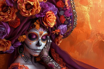 Fototapeta premium Day of the Dead Catrina statue in colorful traditional attire. Celebrating Mexican culture