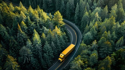 Aerial view of yellow heavy truck on a narrow twisting road through forest area. copy space for text. - Powered by Adobe