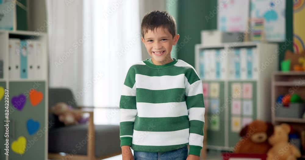 Canvas Prints Smile, face and child in classroom for studying, learning and ready for morning kindergarten. Happy, school and portrait of boy or student with knowledge, education and pride for academic lesson