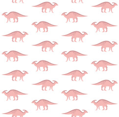 Vector seamless pattern of flat hand drawn pink parasaurolophus dinosaur isolated on white background