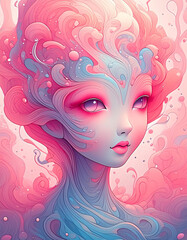 ピンクと青の異世界の女　AI画像　ジェネレーティブAI