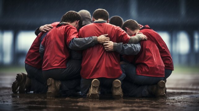A group of men in red shirts are huddled together on a muddy field - Powered by Adobe