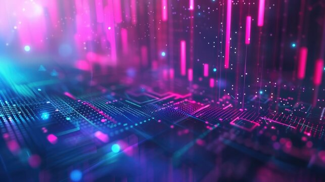 Digital Stock Market Background With Charts And Graphs. Abstract Technology Wallpaper Design With Glowing Light Effect. Blue, Purple And Pink Color.