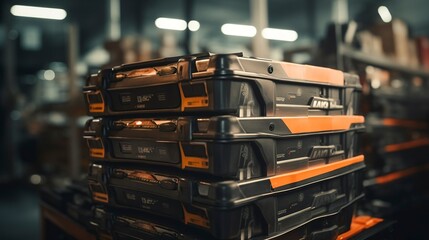 A photo of a stack of car batteries in a shop.