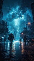 An ultra-realistic business scene with thunder effects and growth elements, ideal for die-cut stickers