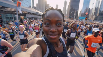 Black female marathon runner celebrating mid-race. Smiling runner taking a photo on her phone while running.