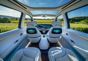 A concept interior of an electric car, featuring white leather seats and the advanced screen on rear seat headrests. The vehicle is parked in front of fields under clear blue sky.