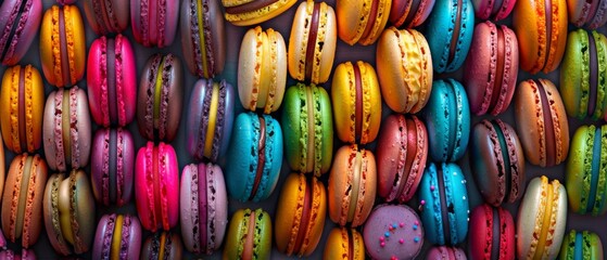 Colorful macaron display for bakery, cafe, or dessert menu. Vibrant colors, round shape, and smooth texture of macarons.