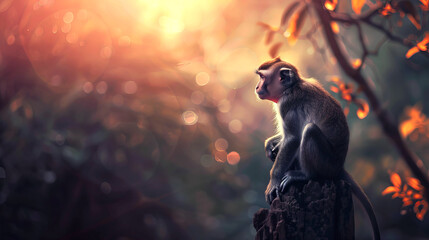 A monkey is sitting on a log in a forest wallpaper - Powered by Adobe