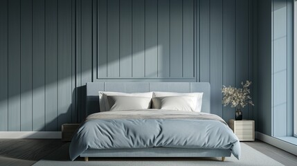 mockup of a blue bedroom interior with a gray bed set against a blank wooden wall.