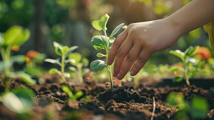 Fototapeta premium A person is planting a seedling in the dirt, reforestation, sustainable development