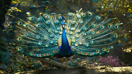 Obraz premium A beautiful blue and green peacock with a large, colorful head wallpaper