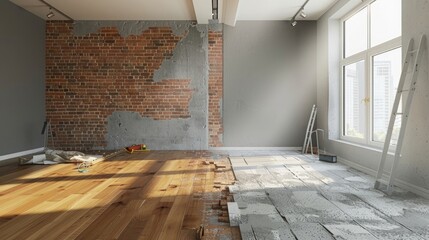 empty room in apartment under construction, the wall is half brick on one side and plain gray color on 