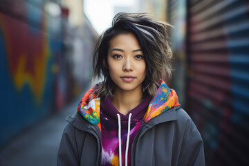 Asian Female Graffiti Artist in Hooded Sweatshirt with Street Art