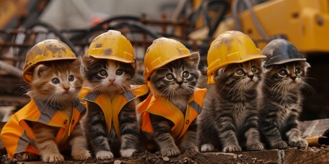 A group of cute kittens wearing construction worker hard hats