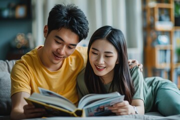 Obraz premium Attractive young couple in a library reading a book together
