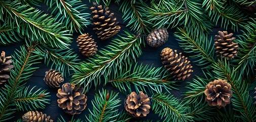 Pine branch with cones Can be used for background, greeting cards, flyers, invitation. copy space. top view.